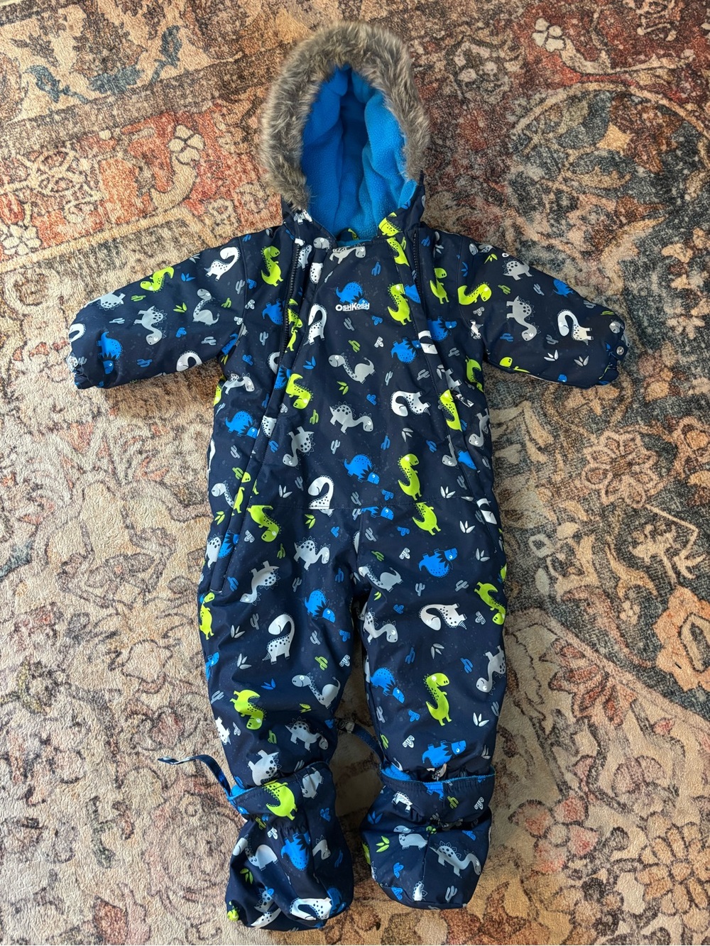 OshKosh B'gosh Navy Dino-Print Insulated Footie with Fur-Trim Hood